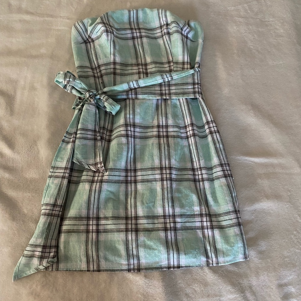Teal plaid sleeveless dress with tie in front